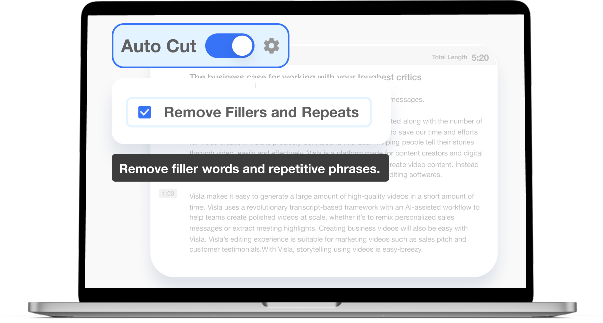 Visla's feature to remove filler words like 'um' and 'ah' from transcripts, enhancing video speech clarity.